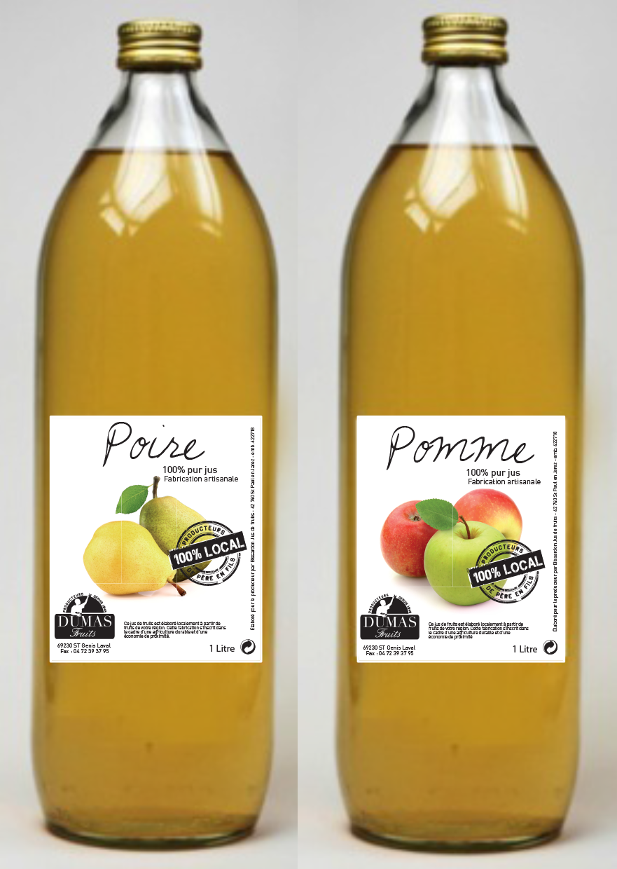 Bouteilles de jus de pomme et de poire Dumas Fruits, 100% pur jus